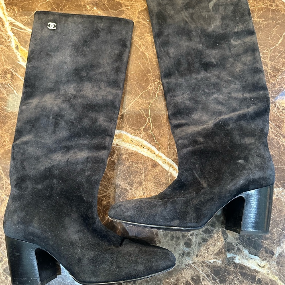 Chanel Black Suede Knee-High Boots